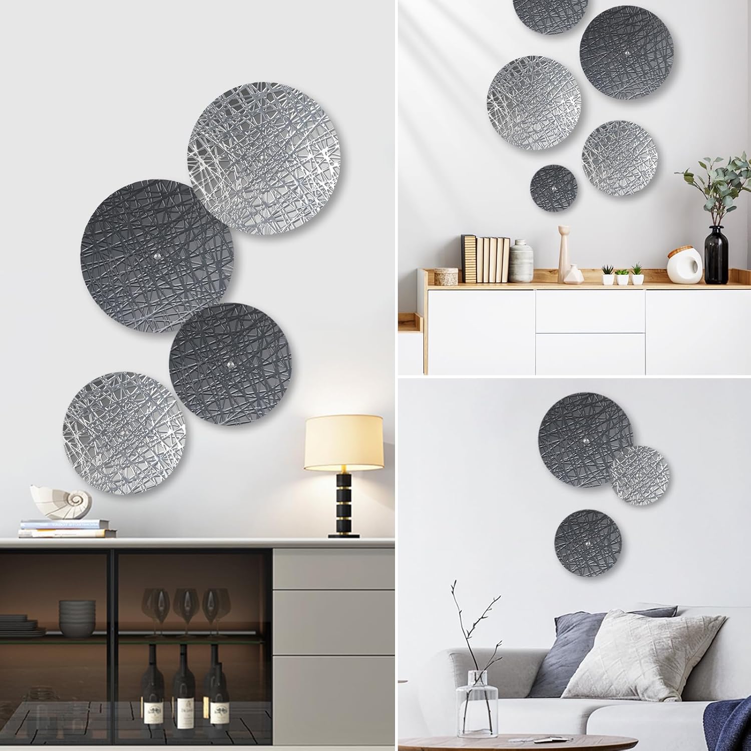 DETENE Set of 8 Metal Wall Hanging Sculptures Large Modern Round Wall art Silver and Grey Wall Decor for Living Room Bedroom Dining Room Wall Decor
